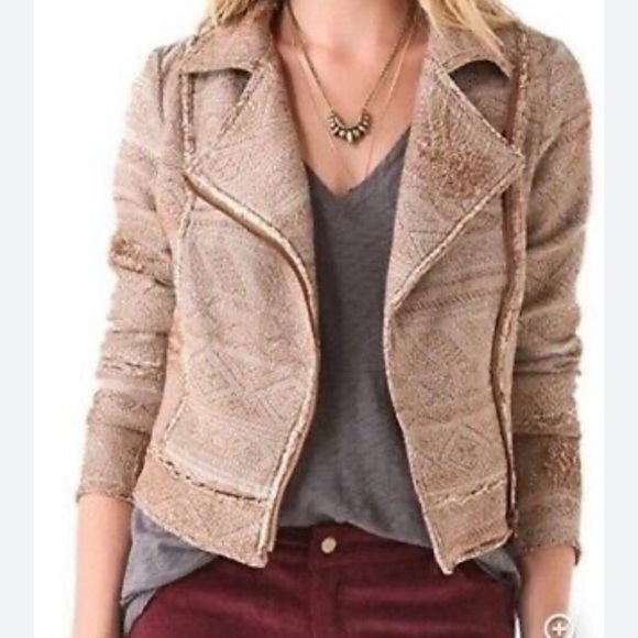 Free People Jackets & Blazers - Free People Brown Tapestry Moto Jacket Womens 10 Blazer Aztec Woven